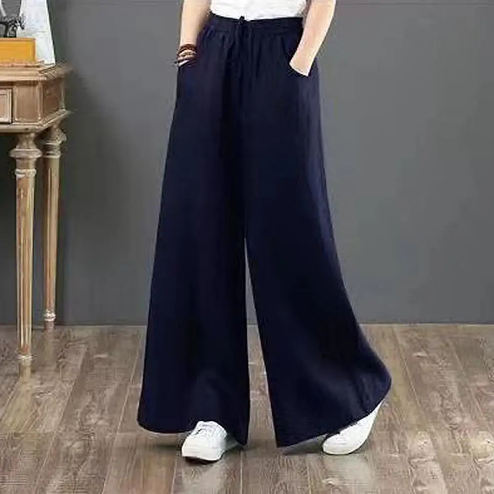 

Casual Women Solid Color Wide Leg Pants High Waist Pockets Loose Long Trousers