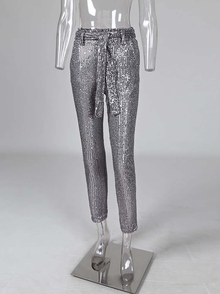 

Sequins Belted Slinky Pencil Pant Night Out Club Party Shining Sparkly pantalon femme