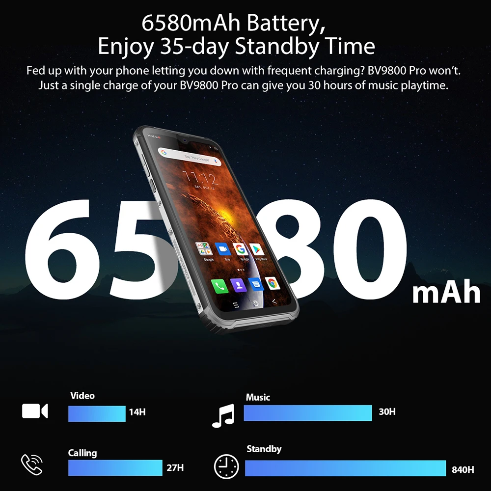 Черный вид BV9800 Pro Глобальный первый термовизионный смартфон 48МП камера Helio P70 6ГБ + 128ГБ 6580мАч прочный телефон.