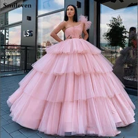 smileven arab ball gown prom dresses 2021 tiered pink puff tulle long prom gown one shoulder evening party dresses custom made