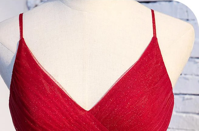 

Burgundy Prom Dresses Ceremony Bling Tulle Tiered Ruffle Pleat V Neck Spaghetti Strap Long Party Evening Formal Gowns