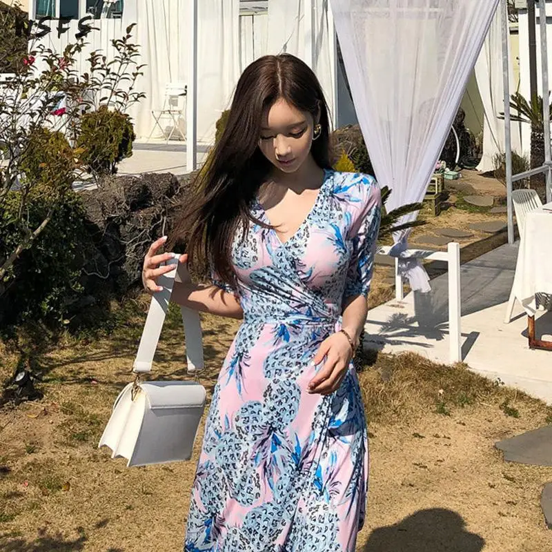 Летние длинные платья с V образным вырезом короткими рукавами принт в виде