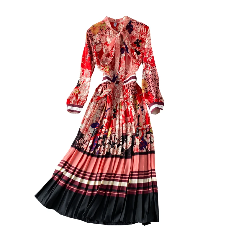 

and the United States retro chic printing on holiday trip make pleated dress elegant bow lace-up posed long waist