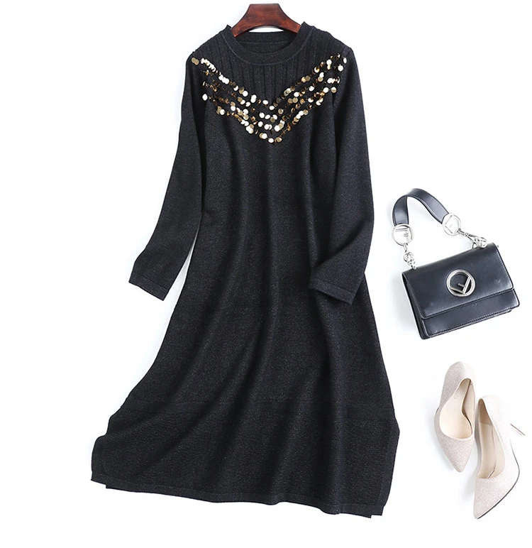 VERDEJULIAY Runway Women Knitted Dress Luxury Autumn Winter High Quality Full Sleeve Sequined Loose Long Dress Vestidos