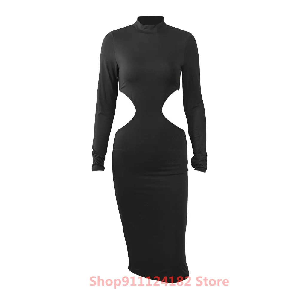 

Double layer milk silk long-sleeved stretch waistless hollow European and American sexy women's over-the-knee long-sleeved dress