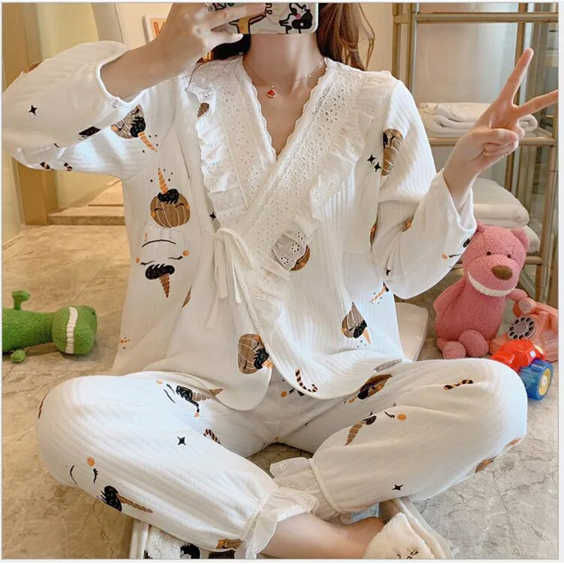 Осенняя хлопковая пижама с длинным рукавом для беременных 2 шт./компл. одежда сна