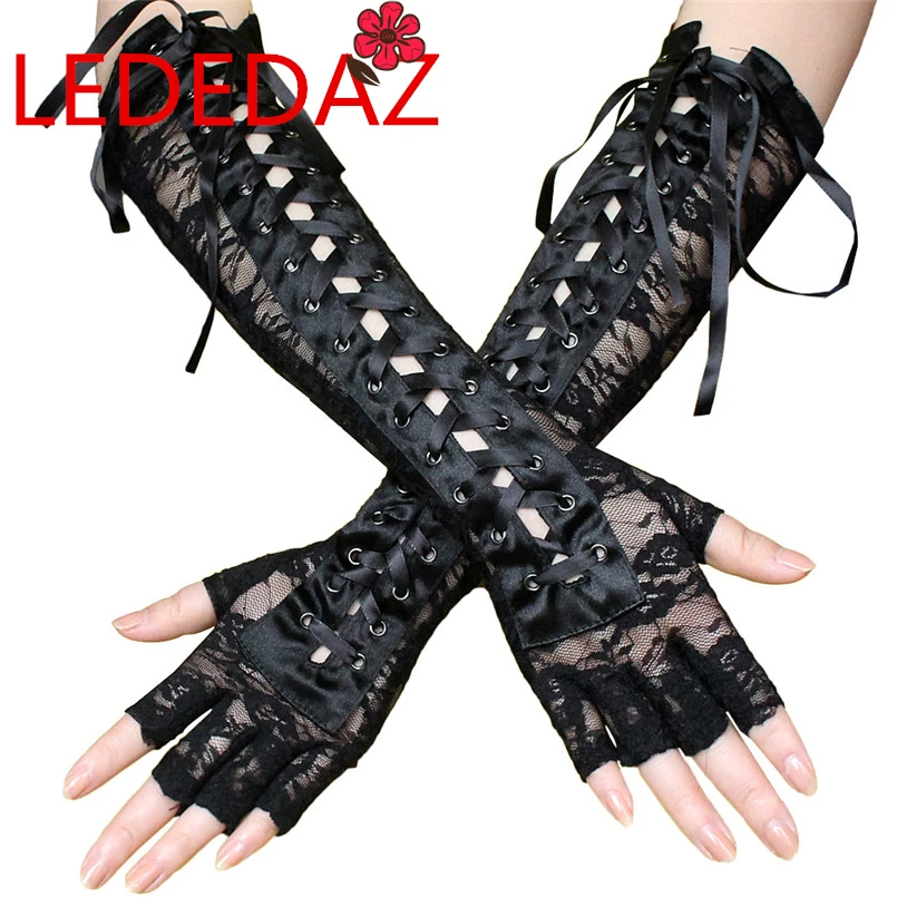 

Sexy Women Long Black Lace Gloves Fingerless Gothic Gloves Mittens Ribbon Rivet Tie Up Sexy Nightclub Party Gloves Gants Femme
