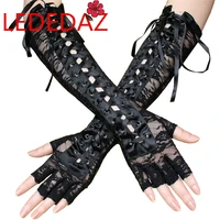 sexy women long black lace gloves fingerless gothic gloves mittens ribbon rivet tie up sexy nightclub party gloves gants femme