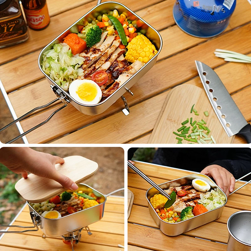 

Portable Stainless Steel Lunch Bento Box Outdoor Camping Barbecue Picnic Cutting Board Lid Container