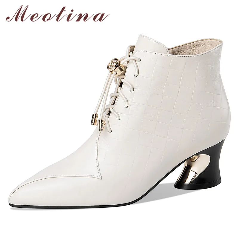 

Meotina Women Shoes Genuine Leather Ankle Boots Thick High Heel Boots Pointed Toe Zipper Ladies Footwear Autumn Winter 42 Black