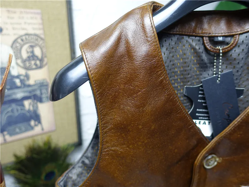 Мужской жилет из натуральной воловьей кожи коричневый без рукавов размера xxxxl 4xl