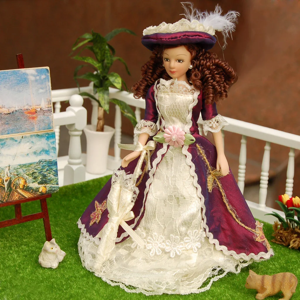 

2pcs Dollhouse Miniature Porcelain Doll Victorian Lady in Dress People Figures Model Display