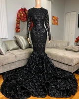 black long prom dresses 2021 african black girl sexy sequin top 3d flowers long sleeve mermaid prom dress