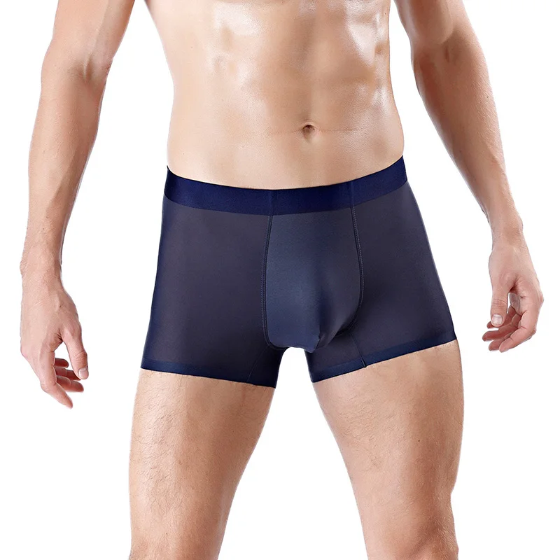 Navy blue IYUNYI бесшовное Мужское нижнее белье, шелковые трусы, u-образные выпуклые мягкие трусы, мужские Ультра-тонкие дышащие боксеры шорты - Цвет: Navy blue