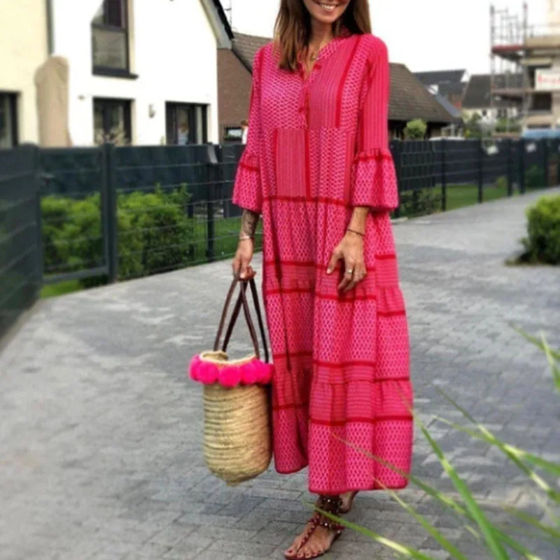 

Women Casual Flare Sleeve Loose Long Dress 2021 Spring V Neck Floral Print Party Dress Female Elegant A-Line Maxi Dress Vestidos
