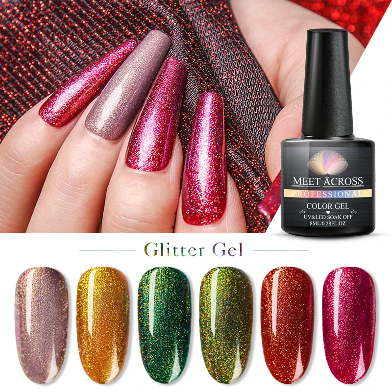 

MEET ACROSS 8ml UV Gel Nail Polish Holographic Glitter Gel Lacquer Semi Permanent Soak Off Nail Art Gel Polish Varnish Manicure