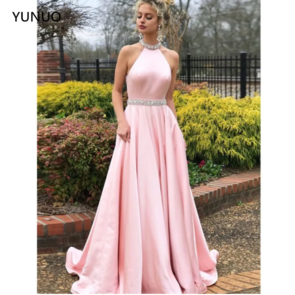 Розовые платья для выпускного вечера YUNUO дешевые атласные вечерние
