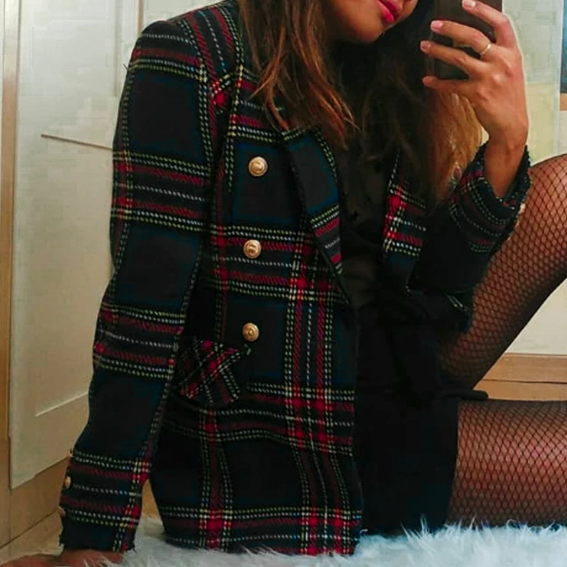 Ретро Классический Клетчатый шикарный осенний Блейзер Куртка женская уличная