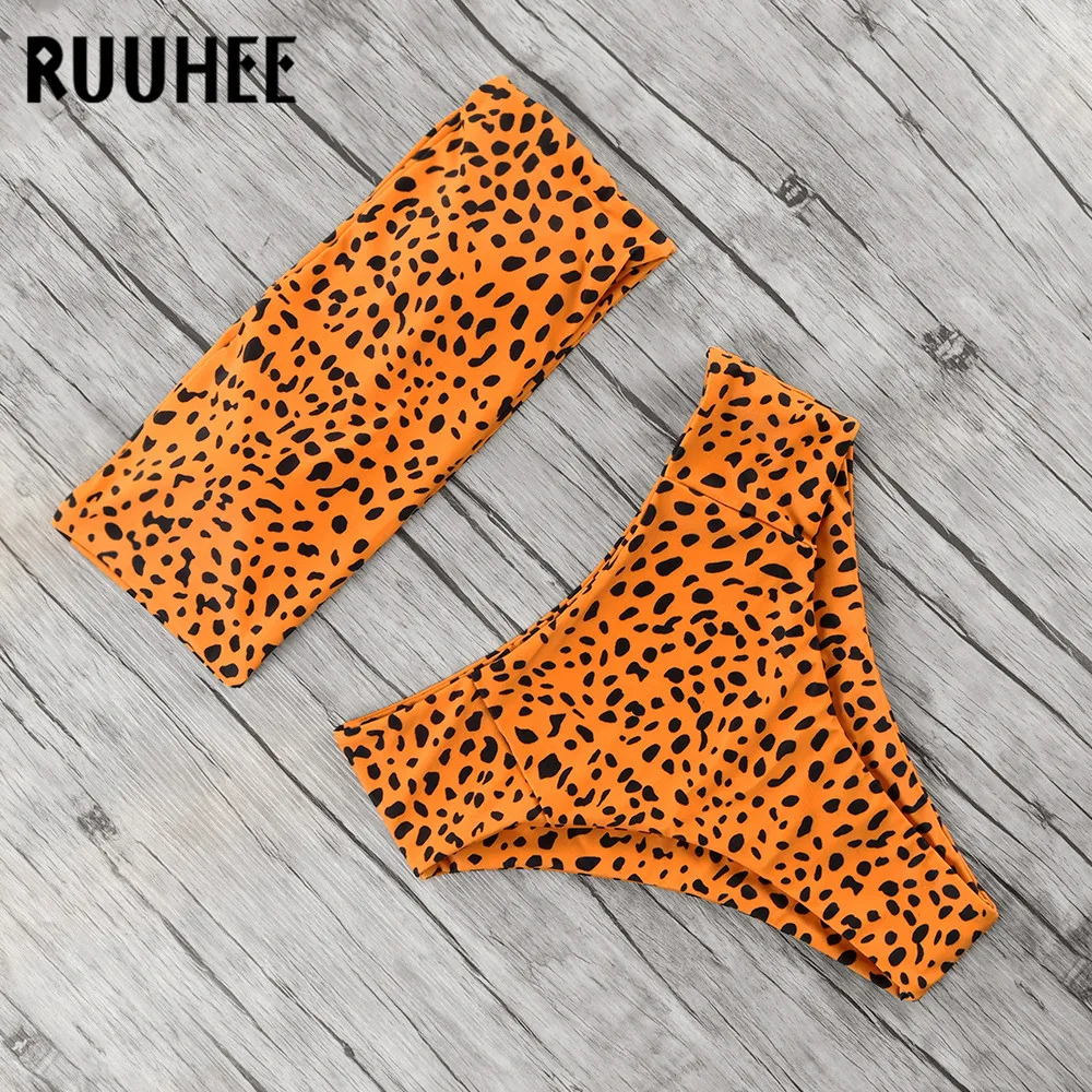 

Купальник бикини RUUHEE женский с леопардовым принтом, бандо, высокая талия, комплект для плавания с подушечками, пляжная одежда с чашками пуш-...