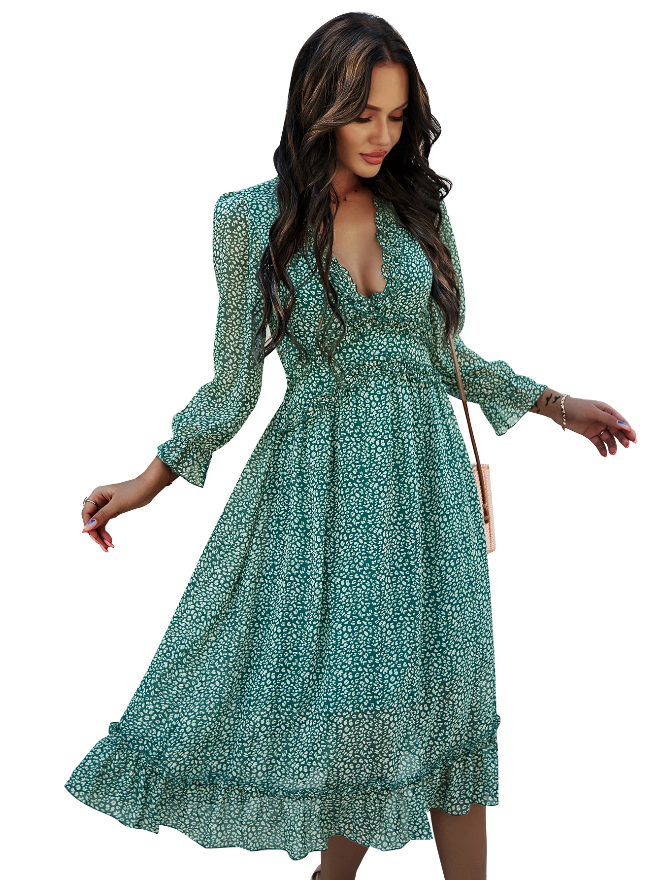 

Women‘s Chiffon Dress Sexy Spring Elegant Boho Black Woman Clothing Deep V-Neck Outfits Wrist Sleeve Mid-Calf Dresses