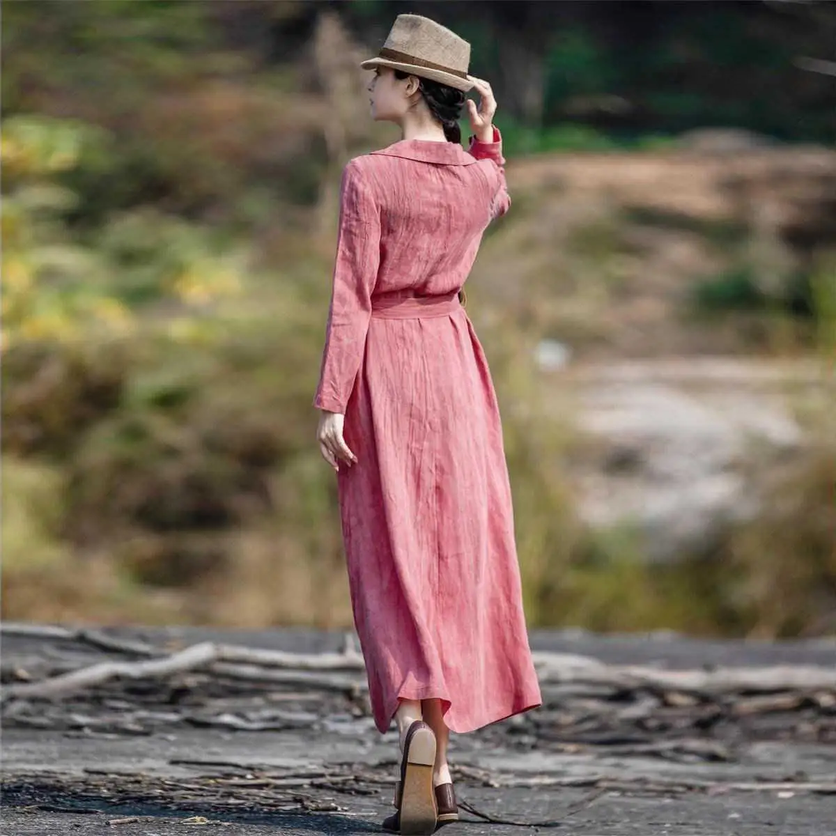

NIJIUDING 2020 Autumn Vintage Simple Atmosphere Loose Dress with Belt Waist Slimming Long Sleeves Square Neck Long Skirt Women