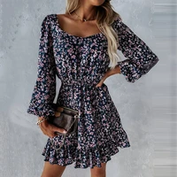 floral print autumn square collar dress 2021 winter women ruffles long sleeve flowers red dress casual a line vestidos clothes