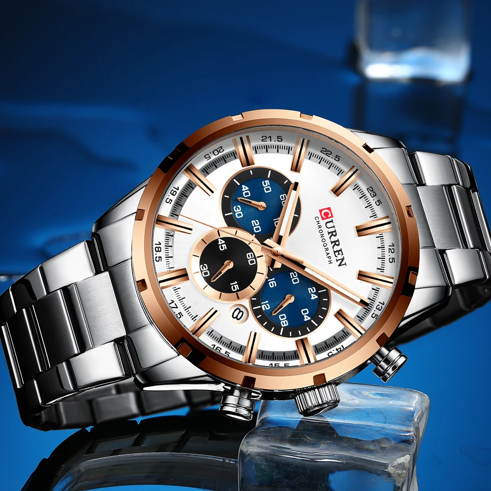 

Relogio Masculino CURREN Business Men Watch Blue Illuminate Chronograph Mens Watches Mens Waterproof Stainless Steel Wristwatch