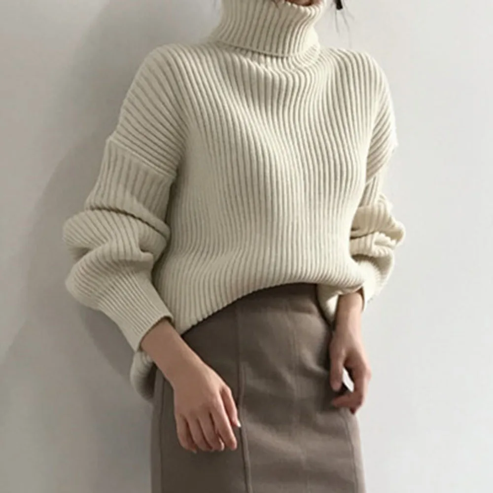 Женский свитер с высоким воротником однотонный Свободный пуловер оверсайз