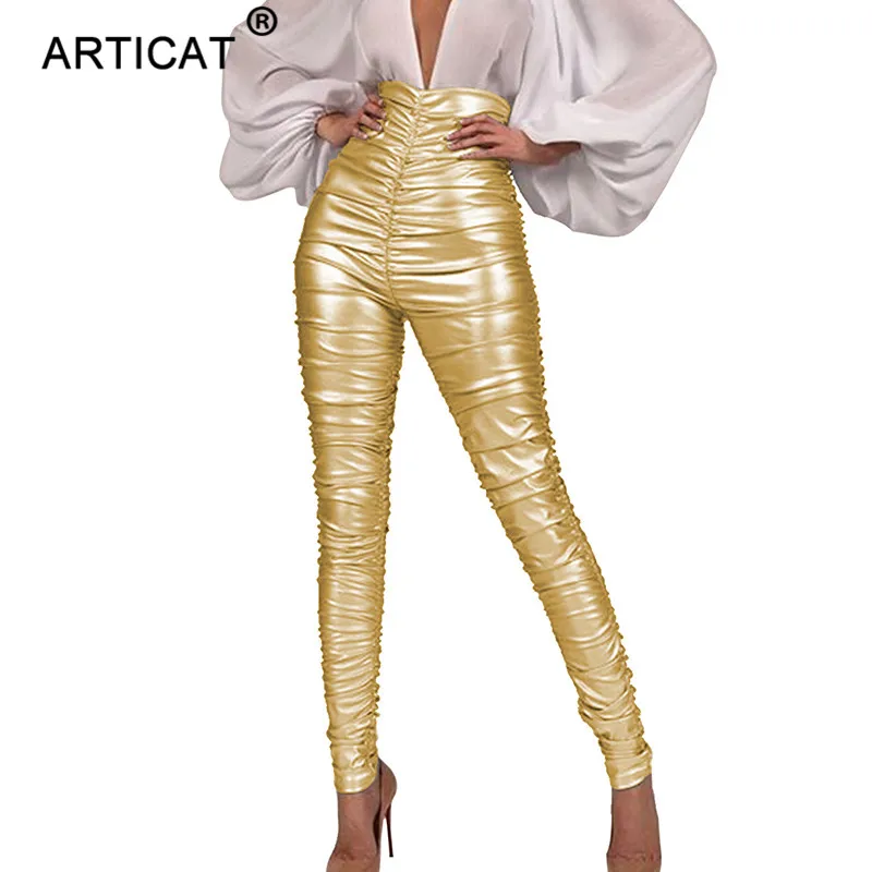 Articat/черные узкие брюки из искусственной кожи с высокой талией женские