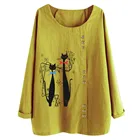 Женская Осенняя блузка в стиле Харадзюку, с принтом кота, Повседневная рубашка на пуговицах с длинным рукавом, с круглым вырезом, туника, пуловер 5xl, размера плюс