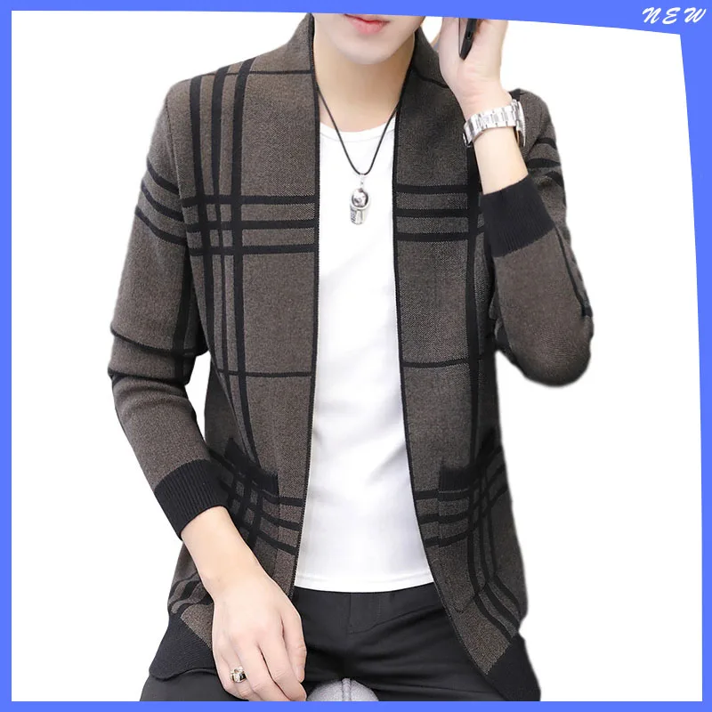 

Autumn And Winter Men's Knitted Sweater Cardigan Plaid Handsome Casual Thin Long-sleeved Jacket Stand-up Collar Youth Shirt