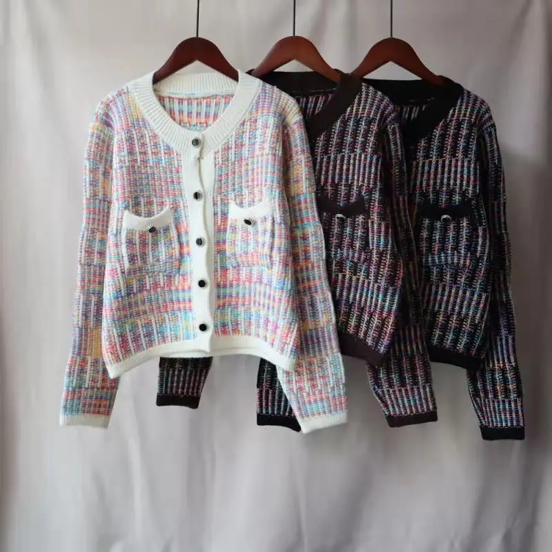 

2021 autumn and winter new round neck long-sleeved knitted cardigan jacket women Korean striped sweater all-match