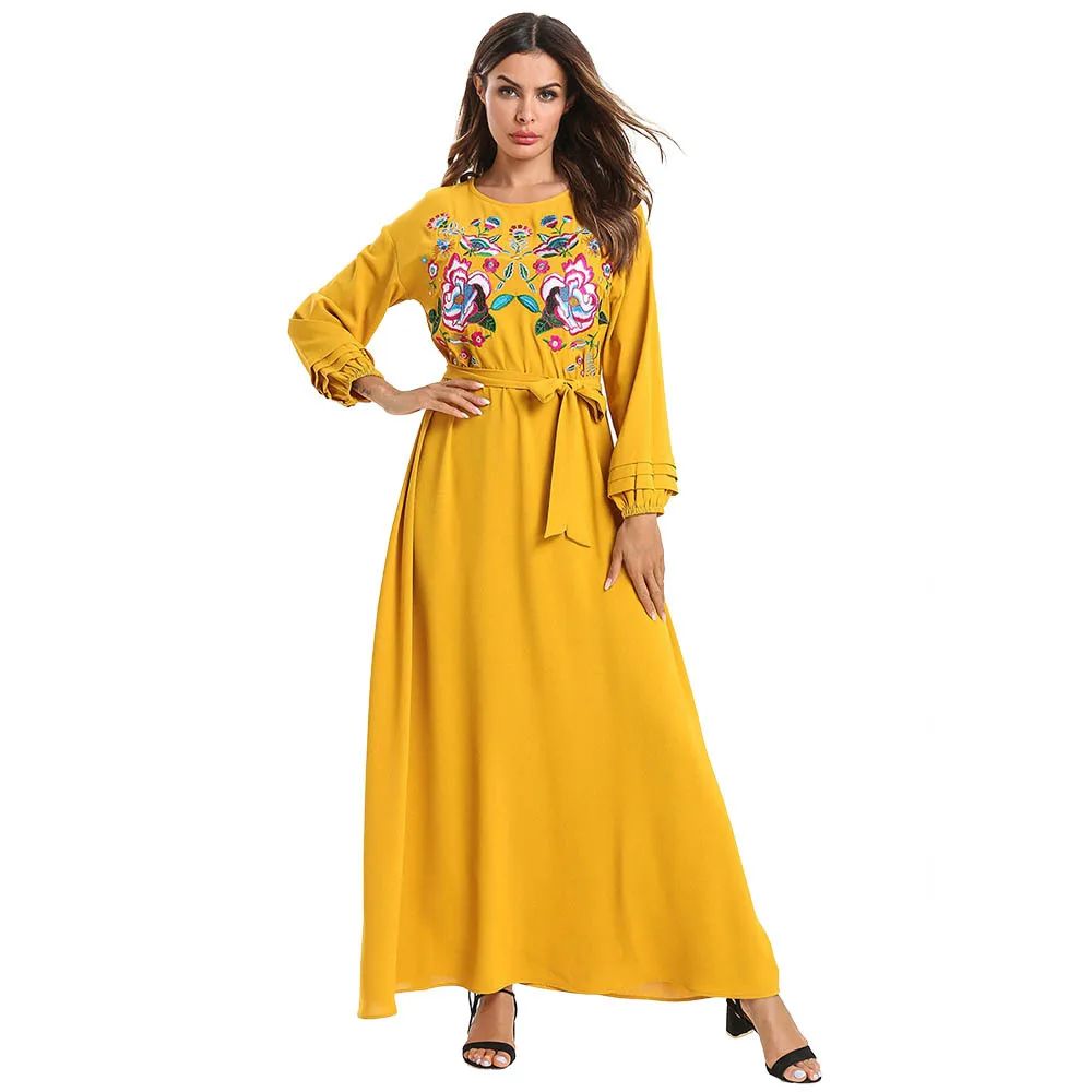 Мусульманское модное однотонное вышитое осеннее платье с длинными рукавами Caftan