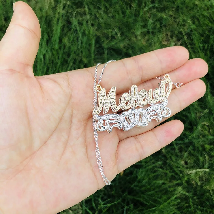 Customized Name Double Heart Necklace 3D Name Pendant Custom Nameplate Birthstone Necklace Personalized Name Plate Women Chain