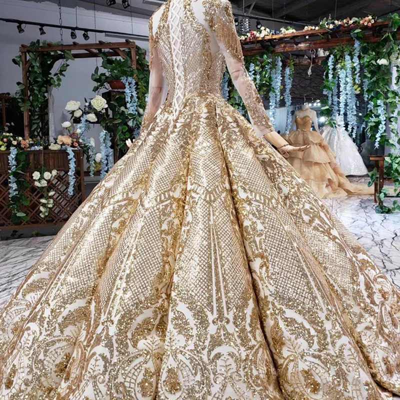 HTL527 Luxury Evening Dress 2021 Floor Length Crystal Beading O-Neck Long Sleeve Shiny Golden For Muslim