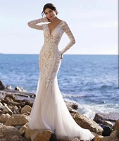 backless wedding dresses mermaid v neck long sleeves tulle lace boho dubai arabic wedding gown bridal dress vestido de noiva