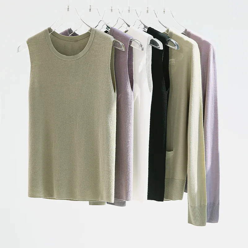 

all wool needle seamless long sleeve knitted cardigan Vest Set