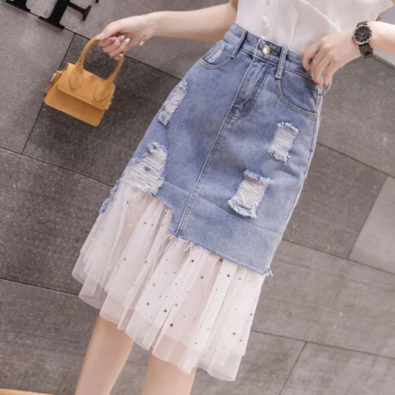 

Женская винтажная джинсовая юбка с высокой талией, свободная трапециевидная сетчатая повседневная юбка неправильной формы, модель D854 на ве...