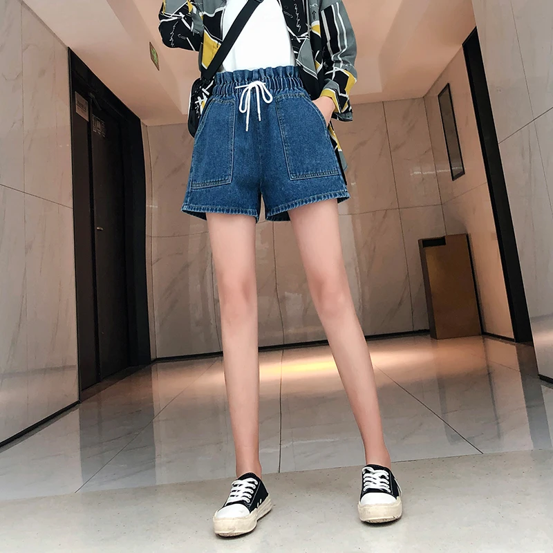 Синий размера плюс женские джинсовые шорты 2020 повседневное эластичные штаны с