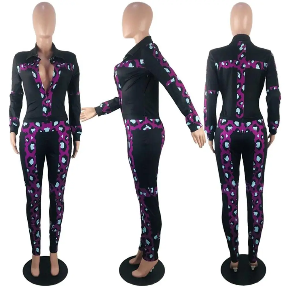 

Women Leopard Print Patchwork Long Sleeve Bodycon Jumpsuit Turn-down Collar V Neck Night Party Romper Outfit Streetwear Overalls