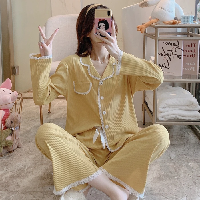 

Women Cotton Pajamas Set Cute Canday Colors Homewear Sexy Lace Fashion Sleepwear Long Sleeve Mujer Nightsuit Autumn Winter