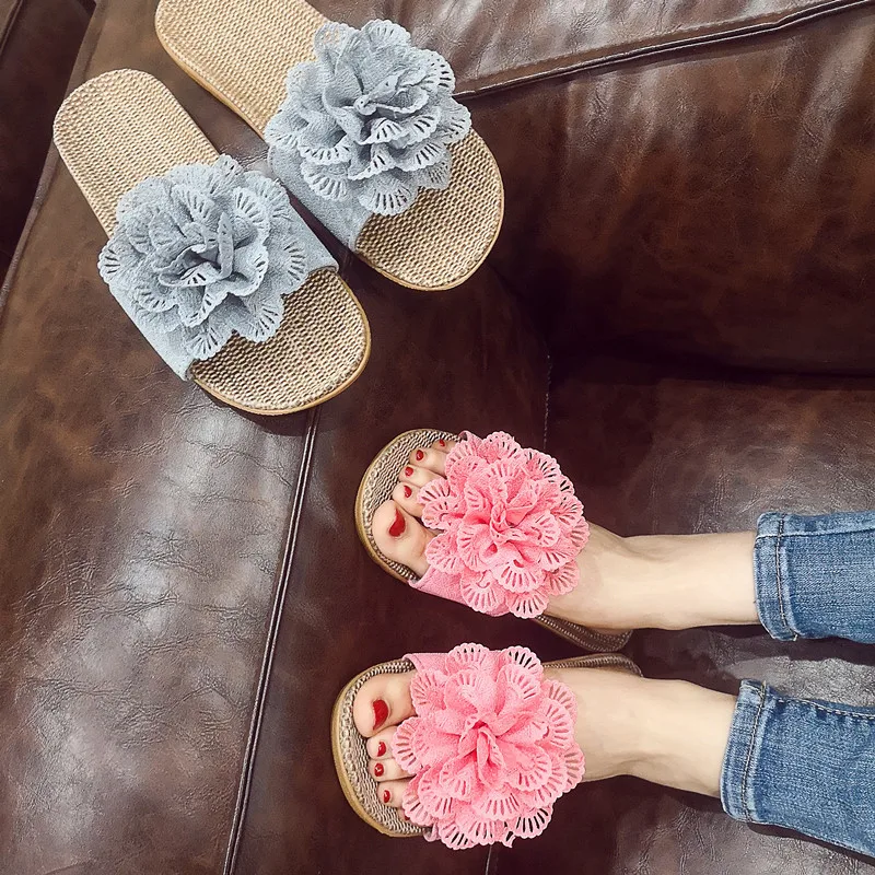 

New Flower Sweet Linen Slippers Women Summer Home Indoor Non-Slip Household Floor Slippers Casual Flat Shoes Women