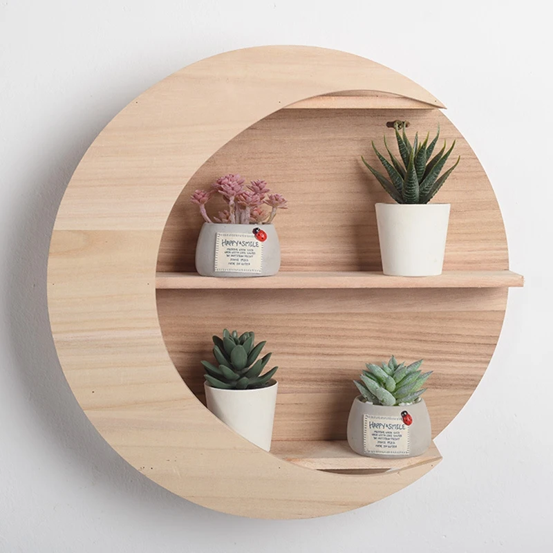 

Nordic Round Wooden Wall-Mounted Moon Shaped Frame Simple Art Hanging Flower Pot Storage Shelf Home Supplies