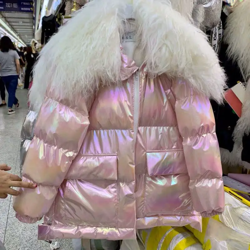 

20 new Hantan large wool collar cotton dress women's middle and long patent leather silver surface