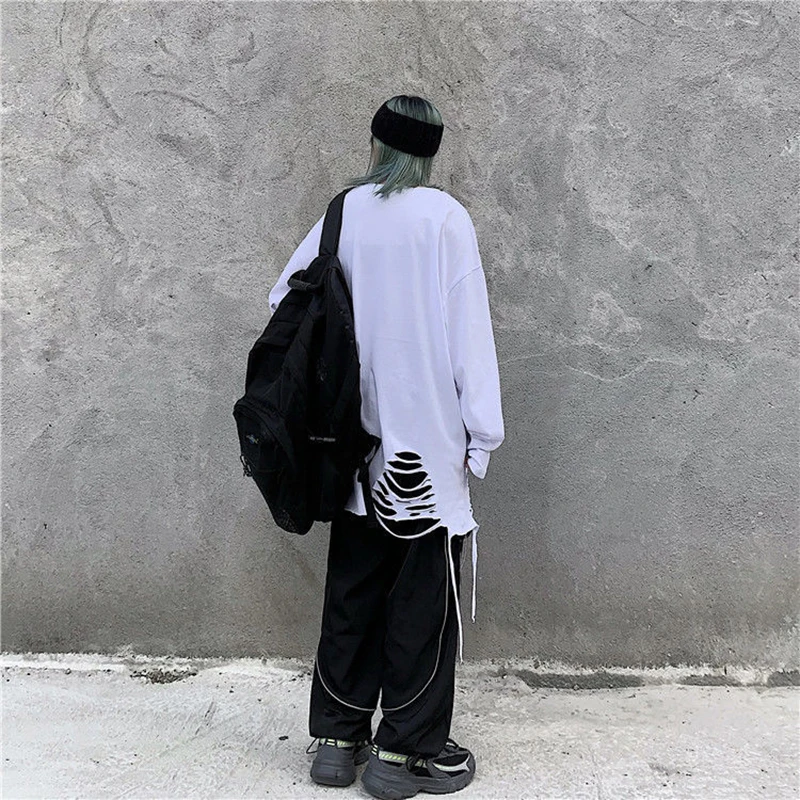 Футболка мужская с длинным рукавом рваная оверсайз в стиле хип-хоп панк 150 кг -