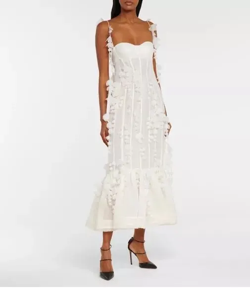 

Verngo Fashion White Mermaid Evening Party Dresses With 3D Flowers Spaghetti Straps Tea Lengthh Prom Gowns Women Formal Dress