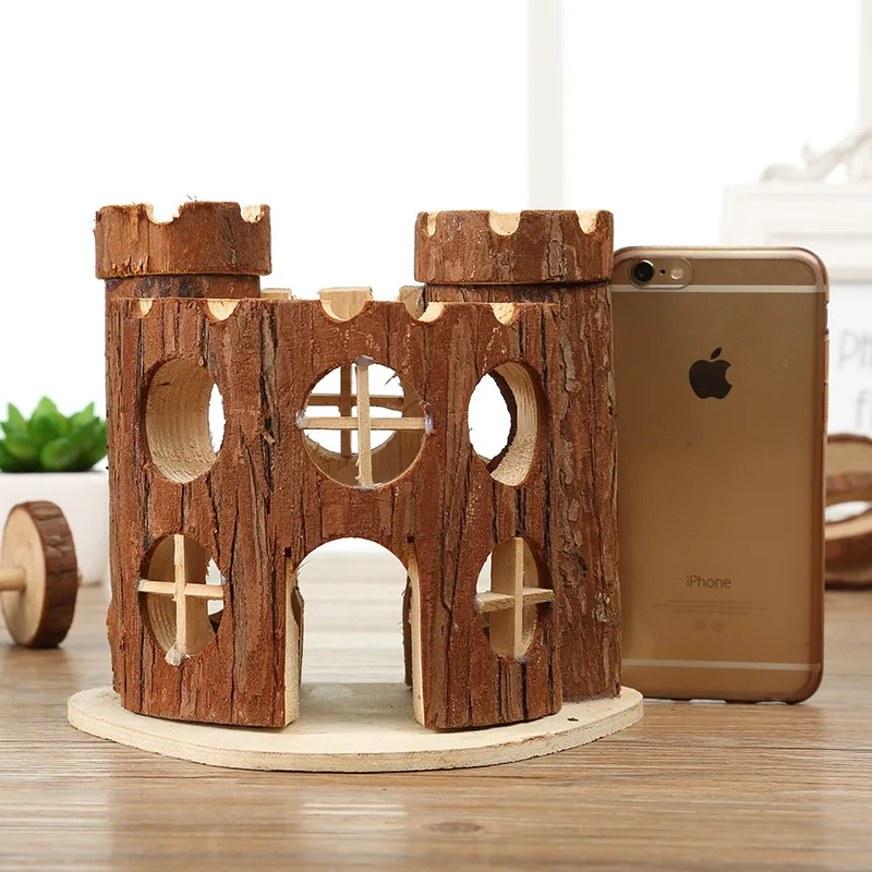 

Укрытие для хомяков из натурального массива дерева ручной работы, замок, комната для скалолазания, игровая площадка, Золотой медведь, игруш...