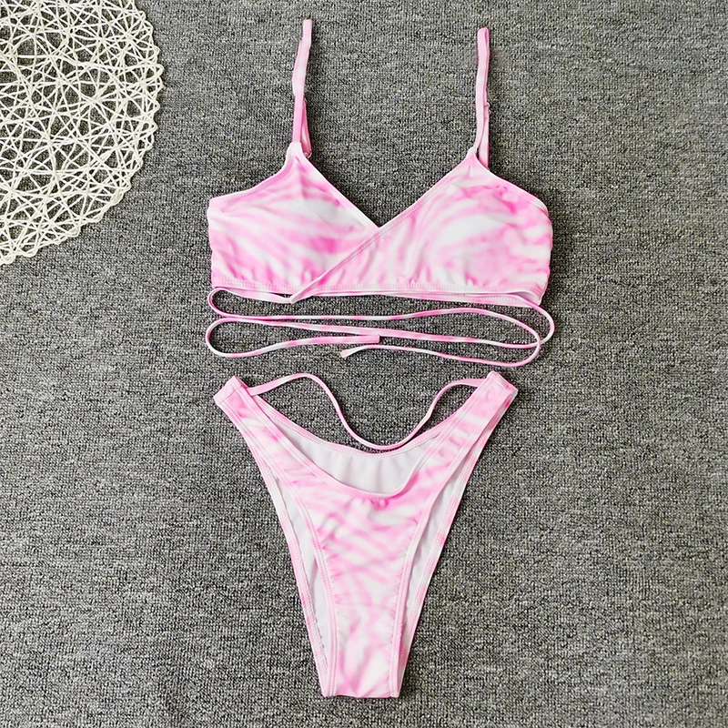 

Fors Sexy lace up string bikini set Pink color changing swimwear women Bandage triangle swimsuit women Hollow out bathing suit
