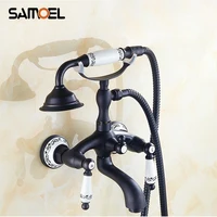 Classic Antique Black Brass Wall Mounted Bath tub Faucet Set Shower Mixer Taps with Porcelain Dual Handle SF1061