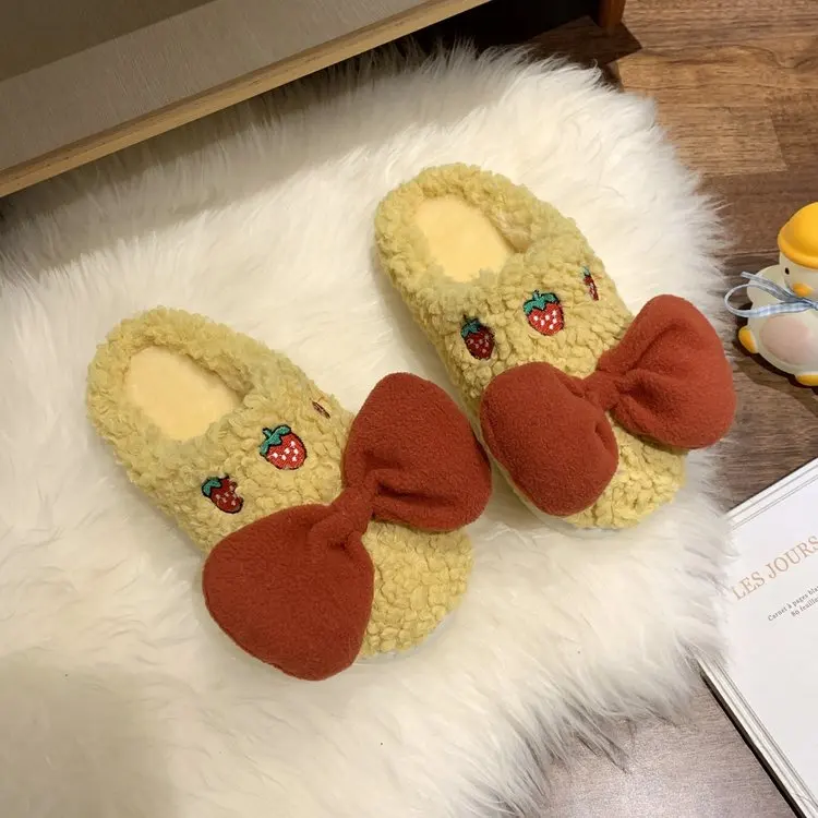 Autumn Winter New Ladies Cotton Slippers Simple Bow Comfortable Cotton Slippers Women Flat Slippers Women Furry Slippers Women
